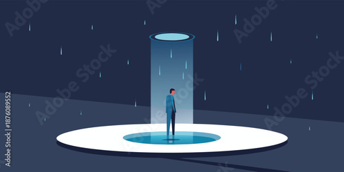 A minimalist vector illustration of a person standing alone under a spotlight, evoking feelings of hope, aspiration, and contemplation.