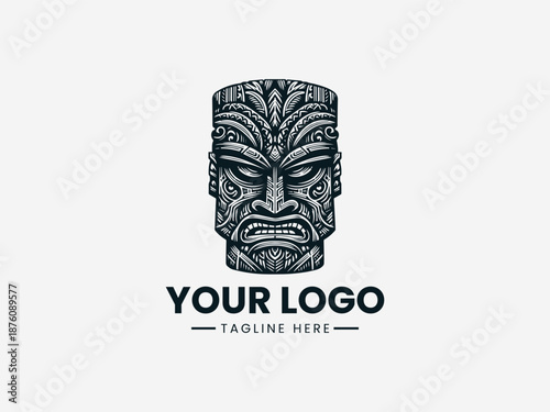 Black and white tiki mask logo on a white background with text placeholder for branding or advertising purposes.