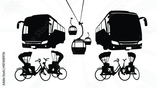 Silhouettes of buses, bicycles, and cable cars on white background