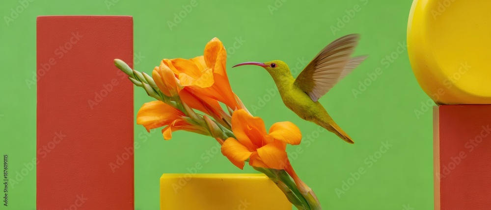 Fototapeta premium Inspiring Tropical Ecotourism Advertising Professional Violet Sabrewing Hummingbird, Flower, and Vibrant Eco-Friendly Design Marketing