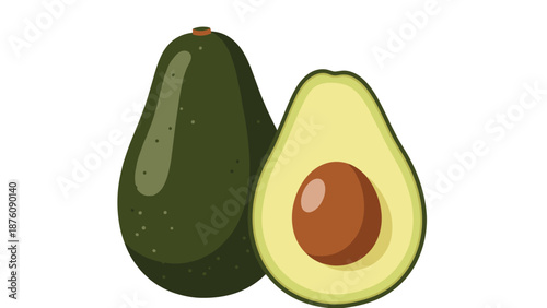Whole and halved ripe avocado with a large brown pit inside showing the smooth green texture of this healthy organic superfood for cooking.