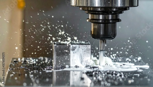 A cinematic shot of a large industrial CNC vertical machining center in operation