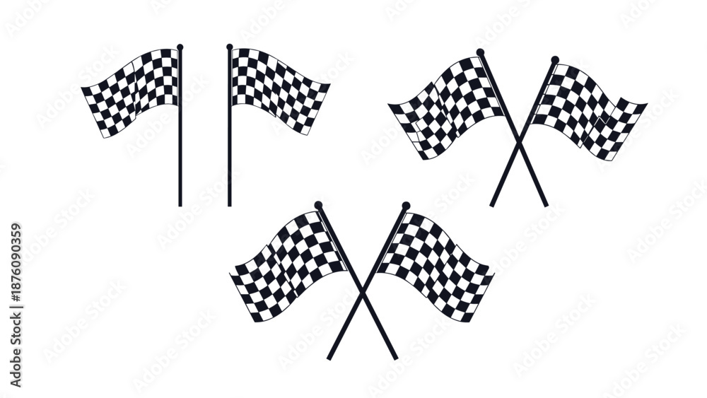 Fototapeta premium Various arrangements of black and white checkered flags used in racing and competition to symbolize finish lines, victory, and achievement.