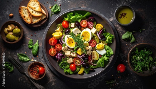 Delicious and healthy Mediterranean salad with fresh ingredients on a dark table.