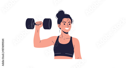 Smiling young woman in fitness attire lifting a heavy dumbbell with one arm for strength training and healthy lifestyle motivation.