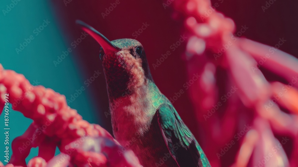 Fototapeta premium Vibrant Broad-Billed Hummingbird in Modern Garden Premium Biodiversity and Ecosystem Representation for Marketing Content