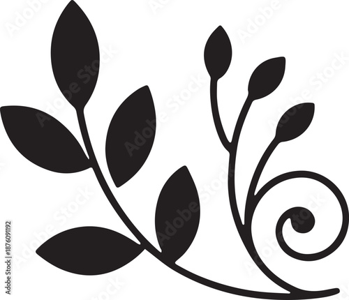 Elegant silhouette of decorative leafy branch with budding stems and swirling tendril
