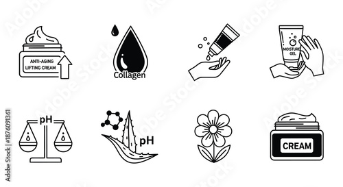 Black and white icons related to skincare and beauty products