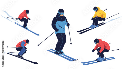 Five downhill skiers in various action poses and colorful winter gear gliding down snowy slopes against a white background.