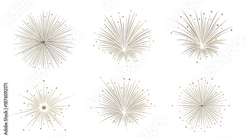 Elegant gold firework bursts in various circular and fan shapes resembling stars or sparkles on a clean white background.