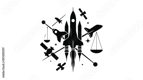 Silhouette of spacecraft and aircraft with scales in balance