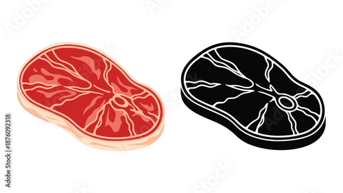 Illustration of a raw beef steak shown in both realistic red color and a simple black and white silhouette outline on a white background.