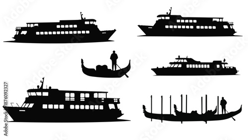 Silhouettes of various boats on water