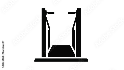 Simple black silhouette of a guillotine on a white background