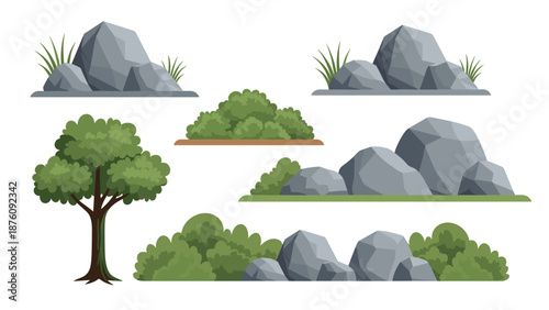 Natural landscape elements set including different rock formations, green bushes, and a leafy tree for environment design.