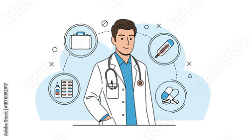 Friendly male doctor in a lab coat with stethoscope surrounded by medical icons for healthcare and pharmacy services.