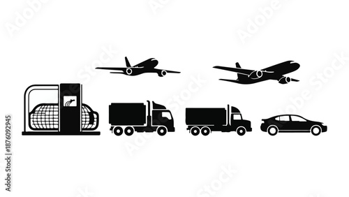 Transportation modes icons including airplane, truck, and car