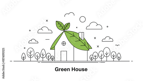Minimalist line art illustration of an eco friendly home with green leaves on the roof for sustainable living concepts.