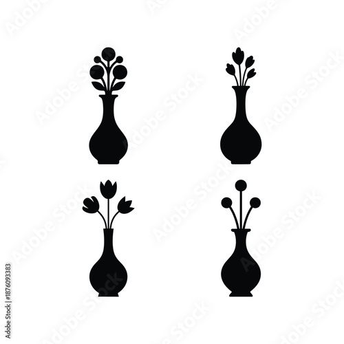 Flower Vase Home Decor Silhouette Icon Set