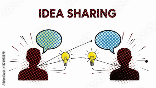 Two people sharing ideas with lightbulbs and speech bubbles.