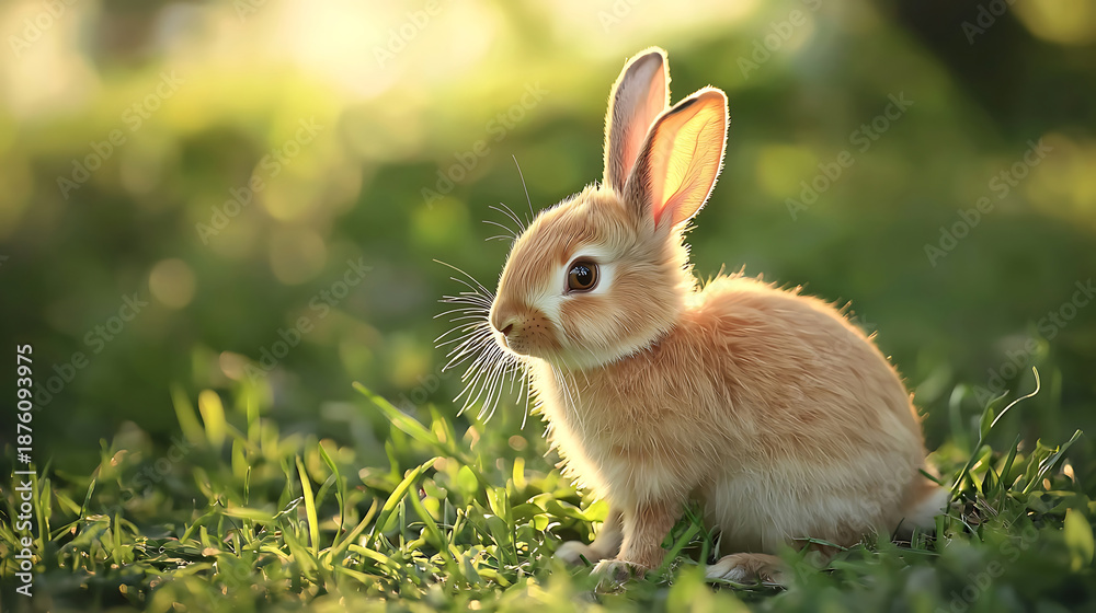 Fototapeta premium Adorable baby bunny rabbit sitting in lush green grass at sunrise