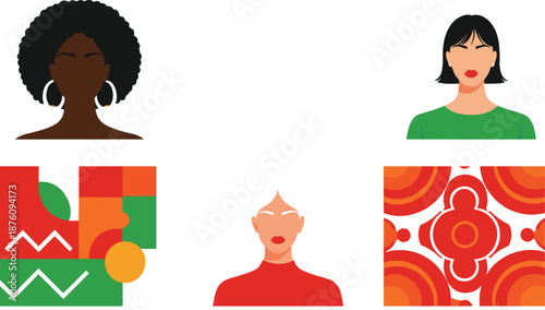 Modern Abstract Portrait and Avatar Vector Set with Diverse Female Faces and Colorful Geometric Decorative Elements