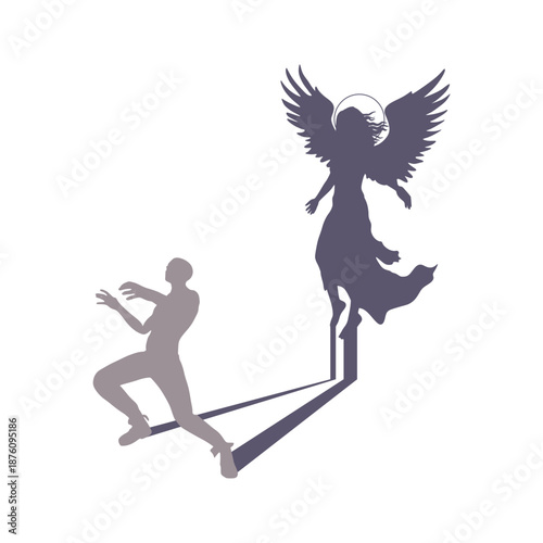 Concept of choice between good and bad. Moral dilemma, conscience, temptation, inner conflict, and ethics. Zombie casting a female angel shadow. Religion and psychology.
