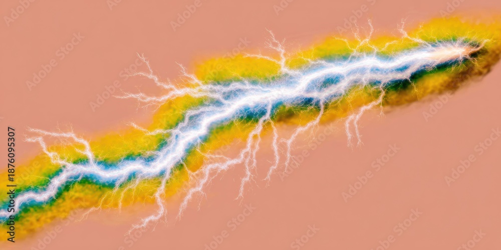 Obraz premium Bright blue lightning bolt with electric sparks and glowing energy discharge featuring a neon light effect on a plum and buttercream background, ideal for technology and power concepts