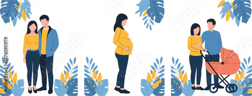 Pregnancy Journey Stages Illustration Showing Couple Together, Expecting Mother, and Parents with Baby Stroller Flat Vector Design