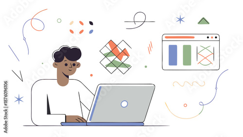 Vector illustration of a man working on a laptop with colorful abstract shapes and graphs, for website or presentation