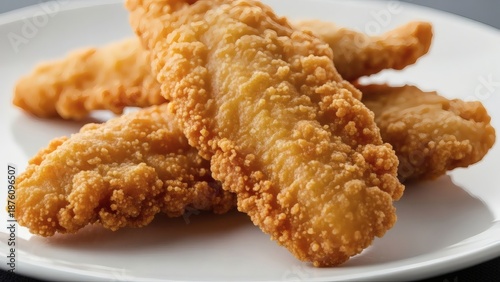 Hyper-Realistic Image of Crispy Battered Fish Fillets, Golden Crunchy Texture with Subtle Oil Sheen Served on Simple Plate