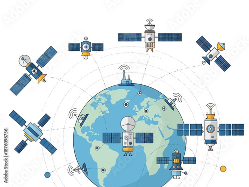 Network of satellites orbiting earth illustrating global communication technology and satellite connectivity solutions for various applications and services worldwide seamlessly.