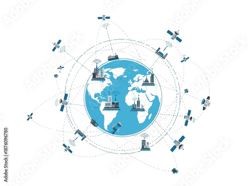 Global network connectivity illustration showing satellites and communication towers orbiting earth with data transmission lines