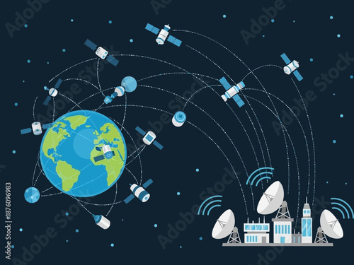 Multiple satellites orbiting the earth and communicating with a ground station through wireless signals in a global satellite network system.