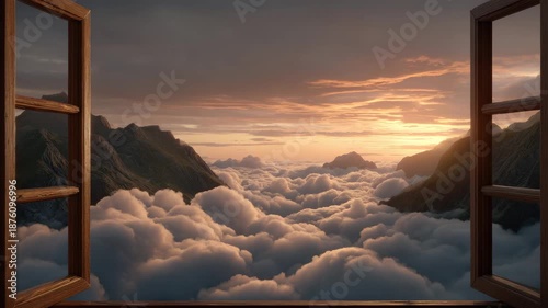 Sunset cloud mountain valley window frame sky golden light scenic panoramic view from open window overlooking misty clouds and rugged peaks at golden hour creating peaceful awe inspiring atmosphere