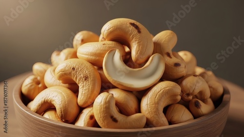 Ultra-Realistic Close-Up of Roasted Cashew Nuts, Light Golden Color with Natural Surface Texture in Wooden Bowl