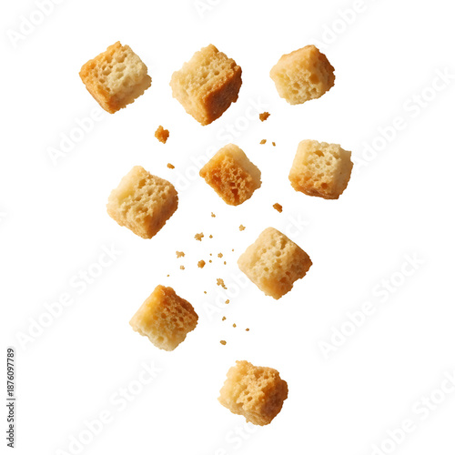 Wallpaper Mural Crispy golden brown croutons and crumbs falling isolated on a white background. Torontodigital.ca