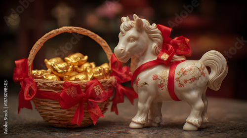 Happy New Year, Year of the Golden Horse. A white marble horse statue tied with a red ribbon, along with a basket containing gold.