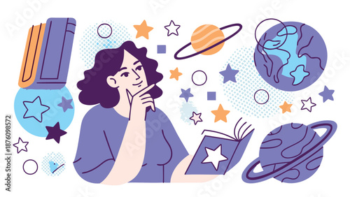 Vector illustration of a woman reading a book with stars and planets, for education or science banner, Isolated on transparent background, png