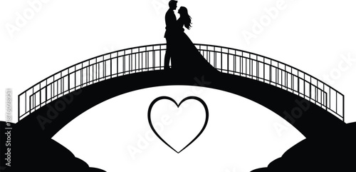 A romantic couple stands on a bridge with a heart symbol underneath them.