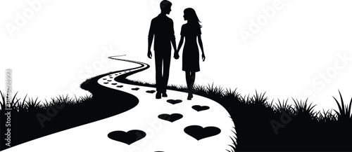 A romantic couple walks hand in hand on a winding path lined with hearts