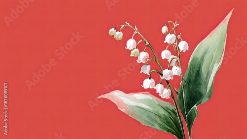 Watercolor Lily of the Valley on Red Background, Delicate watercolor illustration of lily of the valley flowers and green leaves on a bold red background, ideal for botanical designs.

