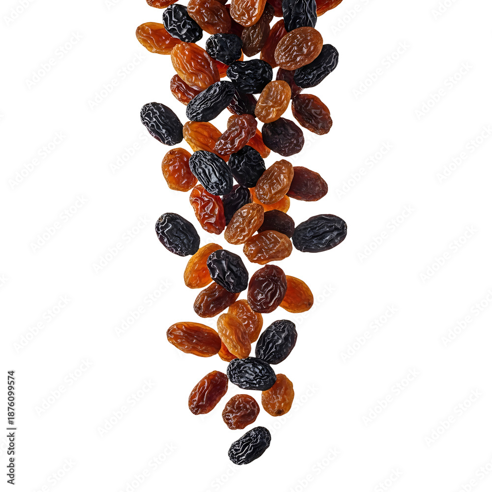 Obraz premium A colorful assortment of mixed raisins falling in a stream.