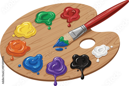Artist, paint, palette, illustration, colorful, acrylic, oil, paints, brush, creative, art, supplies, wooden, palette, design, vector, drawing, isolated, background, education