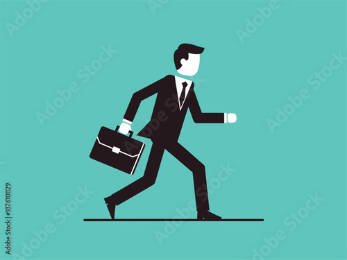 Man in Suit Carrying Briefcase Walking Quickly.