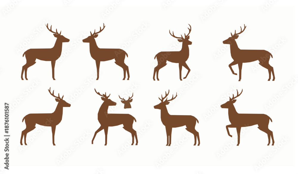 Obraz premium Minimal flat brown deer vector icon set with antlers in standing and jumping poses