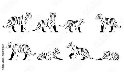 Minimal flat tiger vector icon set showing wild predator animals in multiple poses