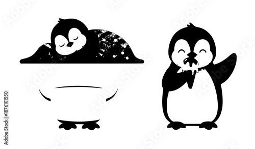 Cute penguin vector illustration set with sleeping eating ice cream and waving wing poses