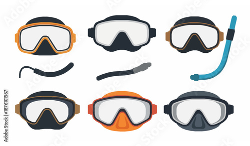 Flat vector illustration set of scuba diving masks in different colors for underwater sports
