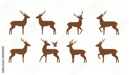 Minimal flat brown deer vector icon set with antlers in standing and jumping poses